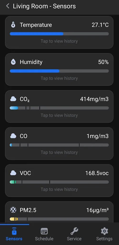 Pureon app sensor screen