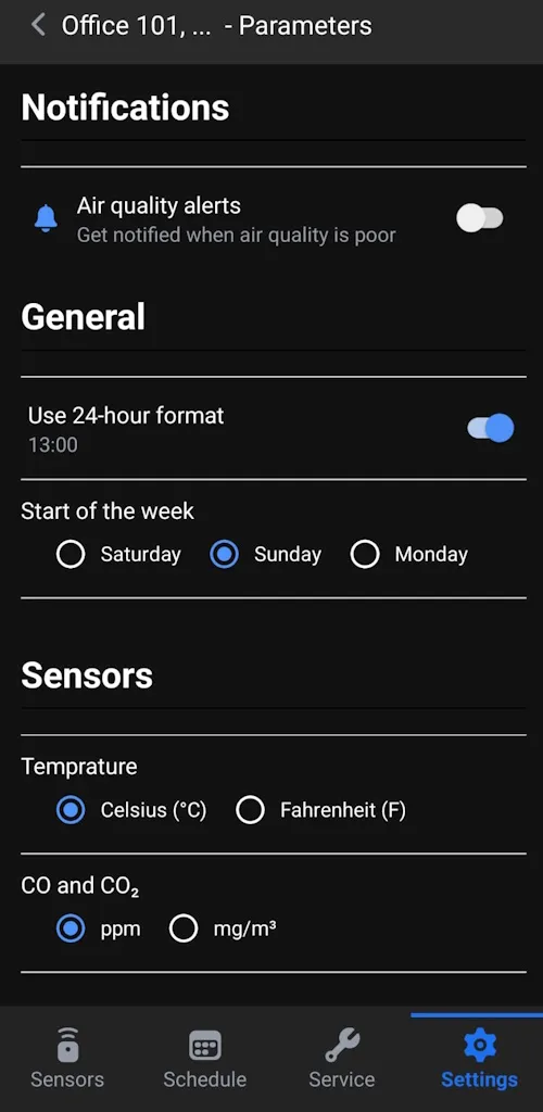 Pureon app settings screen